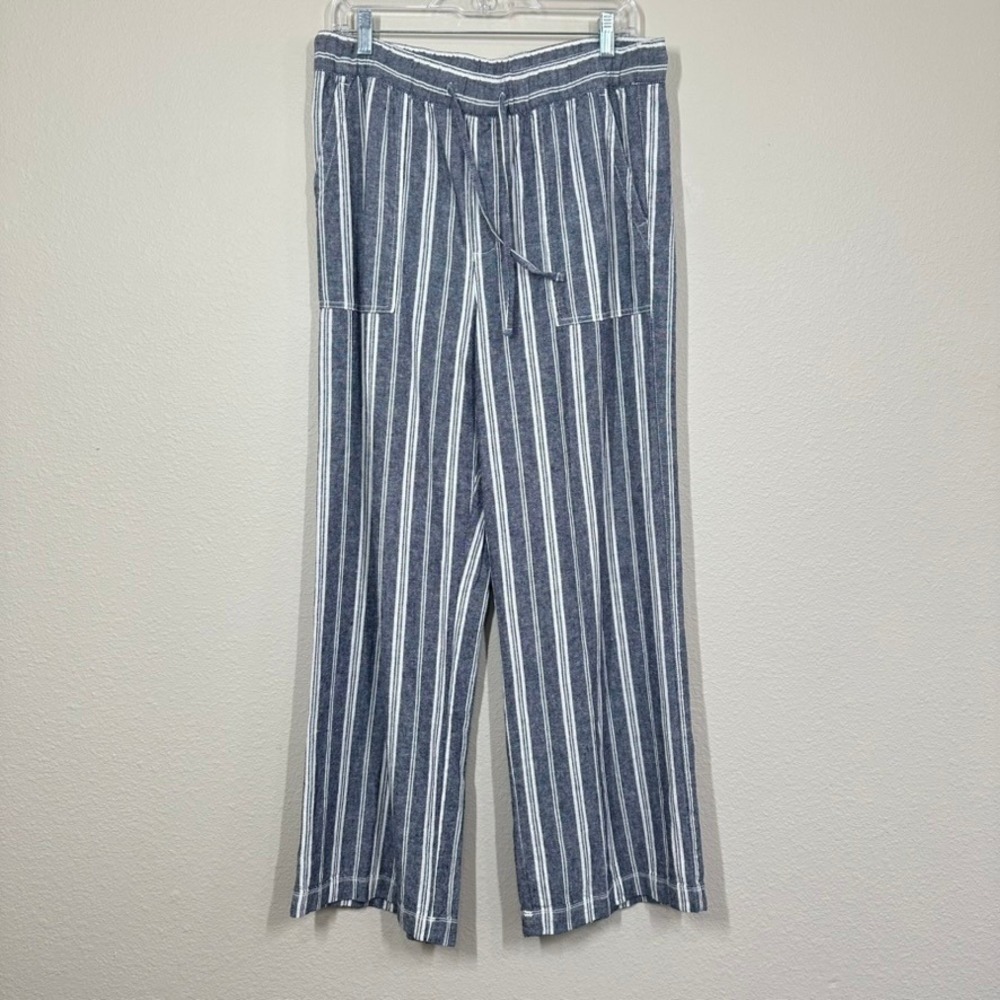 Gap Women's Medium Blue White Striped Linen Blend Wide Leg Drawstring Pants